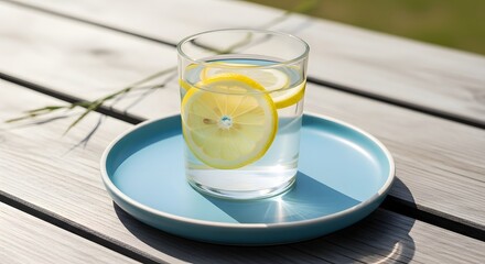 Cold Lemonade with Ice Cubes and Rosemary Outdoors