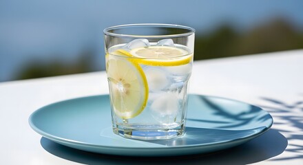 Cold Lemonade with Ice Cubes and Rosemary Outdoors