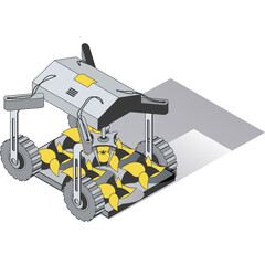 Gray and Yellow Robotic Lawn Mower With Rotating Blades and Wheels Casting a Shadow On a White Surface