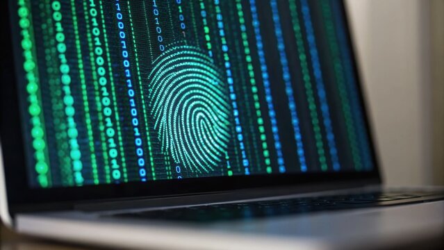 Digital fingerprint over binary code on a laptop screen, symbolizing security and technology.