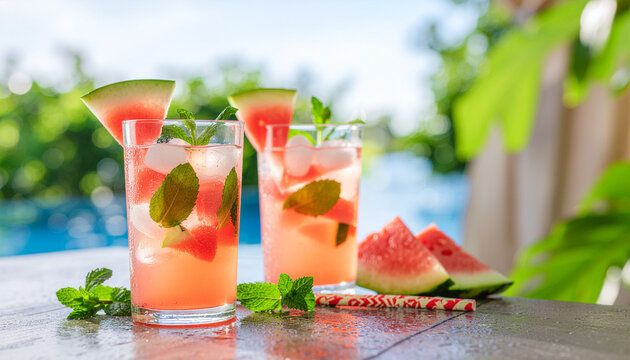 Two refreshing, iced watermelon drinks garnished with mint and fruit slices. Set on a table with pool and tropical foliage in the background.