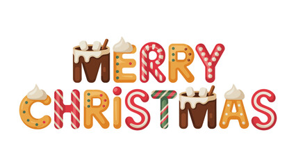 Festive Christmas Typography: A cheerful design spells out Merry Christmas with delightful, stylized letters resembling gingerbread cookies, candies, and sweet treats. 