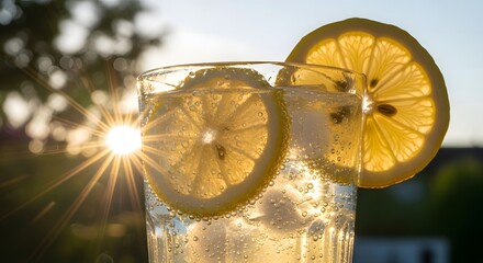 Refreshing Lemon Drink with Ice and Fresh Herbs on Sunny Day