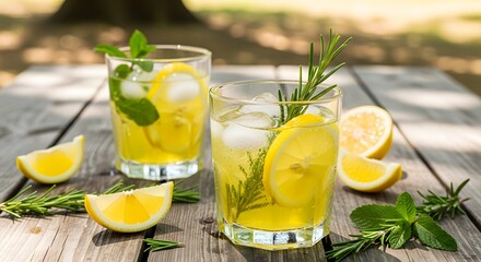 Refreshing Lemon Drink with Ice and Fresh Herbs on Sunny Day