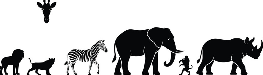 Silhouette lineup of wild African animals, including lion, zebra, elephant, rhino, monkey, giraffe head, safari wildlife concept illustration design