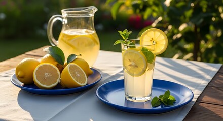 Summer Lemon Drink with Ice and Fresh Herbs Outdoors