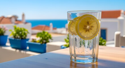 Summer Lemon Drink with Ice and Fresh Herbs Outdoors