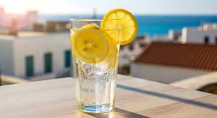 Summer Lemon Drink with Ice and Fresh Herbs Outdoors