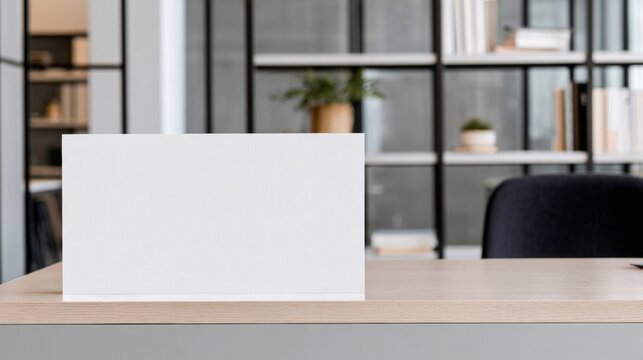 Blank table tent mockup on a modern office desk, showcasing minimalist design and ample copy space for branding and promotional concepts