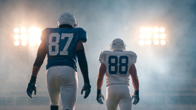 Two American football players in dramatic action under stadium lights, showcasing athleticism and intensity in a cinematic sports moment