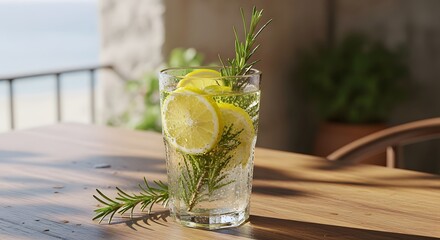 Summer Lemon Drink with Ice and Fresh Herbs Outdoors