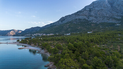 Adriatic Sea coastline in Makarska, Croatia. Drone footage.