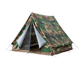 Rugged canvas shelter with stakes, Weathered woodland pattern camouflage for tactical training