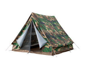 Rugged canvas shelter with stakes, Weathered woodland pattern camouflage for tactical training