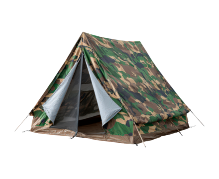 Rugged canvas shelter with stakes, Weathered woodland pattern camouflage for tactical training