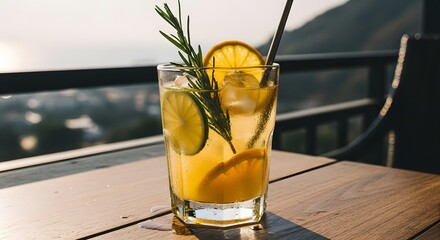 Summer Lemon Drink with Ice and Fresh Herbs Outdoors