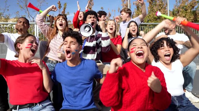 Enthusiastic sports fans cheering and celebrating victory in stadium bleachers