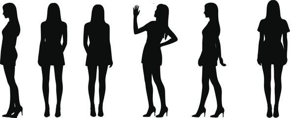 Silhouette collection of stylish women posing in various standing positions, elegant female figure fashion concept illustration, confident modern lady vector graphic artwork