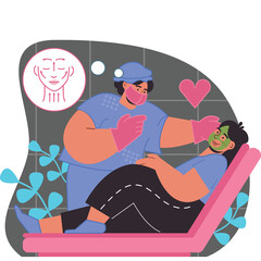 Cosmetologist Applying Facial Mask To Relaxed Patient Lying Down In A Treatment Room With Plants And A Heart Symbol In The Background Showing Facial Lines And Wrinkles