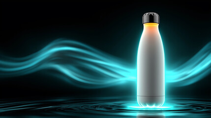 White reusable water bottle mockup glowing in futuristic abstract light scene.