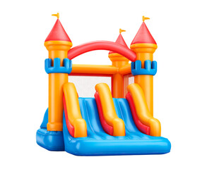 Colorful inflatable with slides, Playful inflatable structure featuring slides and safety netting