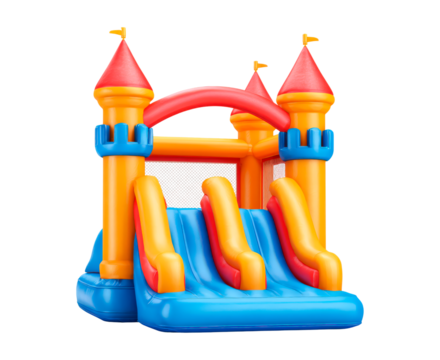 Colorful inflatable with slides, Playful inflatable structure featuring slides and safety netting