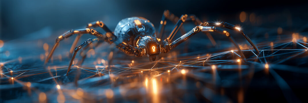 Close-up of a futuristic robotic spider with a glowing lock symbol guarding a digital web, symbol of cybersecurity, antivirus protection, and artificial intelligence network defense. Generative Ai. - Powered by Adobe