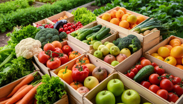 An assortment of colorful, fresh fruits and vegetables like apples, carrots, tomatoes, and oranges, neatly arranged in wooden boxes at a market or farm. - Powered by Adobe