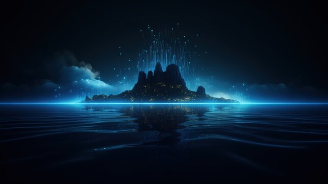 Dark blue ocean at night with a central island surrounded by glowing lights and floating digital data streams near a black mountain silhouette