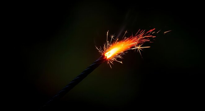A single burning sparkler emitting fiery orange sparks into the darkness.