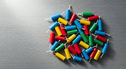 A collection of colorful firecrackers arranged on a textured, metallic surface, ready for use.