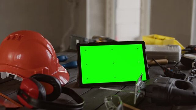 No people shot of various construction tools and safety items including helmet, radio and tablet arranged on table at active building site