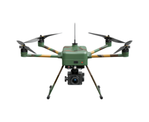 Robotic observation platform, Hightech surveillance robot featuring reflective panels and tracking on transparent background