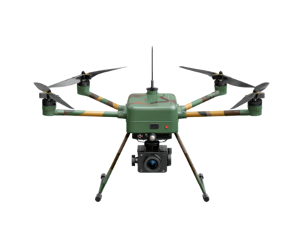 Robotic observation platform, Hightech surveillance robot featuring reflective panels and tracking on transparent background