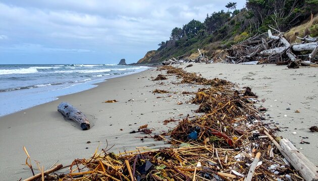 Beach with plastic-free shoreline showing natural driftwood, shells, and tidal wrack line
