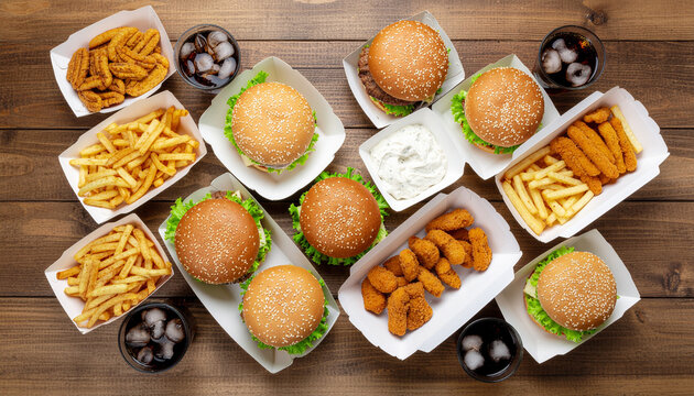 An overhead view of numerous burgers, French fries, chicken nuggets, and cold sodas arranged on a rustic wooden table, perfect for a party.