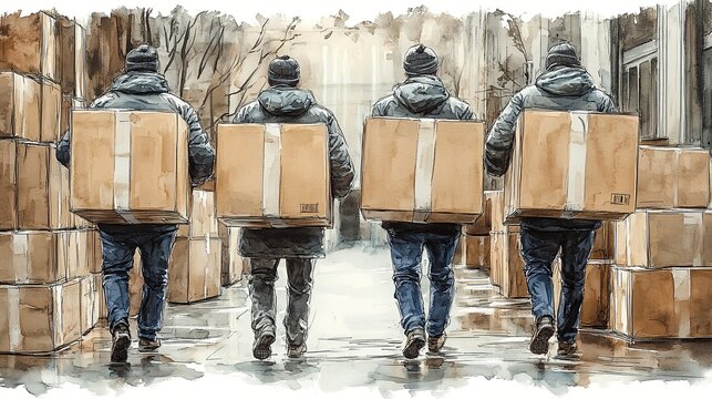 Four figures in winter gear carrying boxes through wet alley stylized urban scene highlighting labor movement and the quiet grit of logistics in painterly perspective