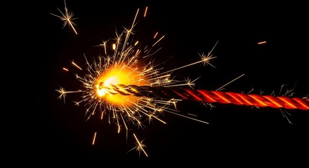 A vibrant sparkler or fuse burning intensely, emitting a shower of golden sparks against a deep black background, creating a dramatic light effect.