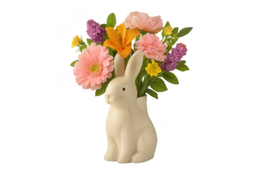 Bunny vase holding colorful spring flowers bouquet on transparent background