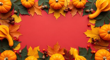 Obraz premium Red background with a decorative frame of pumpkins and bright autumn leaves. Perfect for Thanksgiving banners, harvest invitations, or seasonal/Halloween cards with copy space.