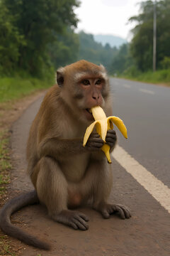 Monkey Eating Banana by the Roadside in Berastagi