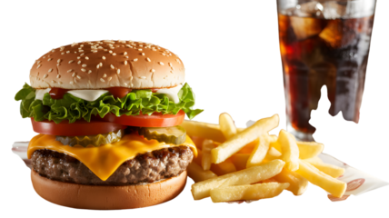 Delicious cheeseburger with fries and a refreshing soda ready to be enjoyed now on transparent background