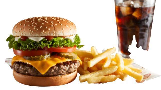 Delicious cheeseburger with fries and a refreshing soda ready to be enjoyed now on transparent background - Powered by Adobe