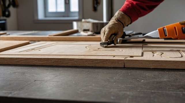 A focused male carpenter measuring wood in a workshop, showcasing craftsmanship and precision with tools.