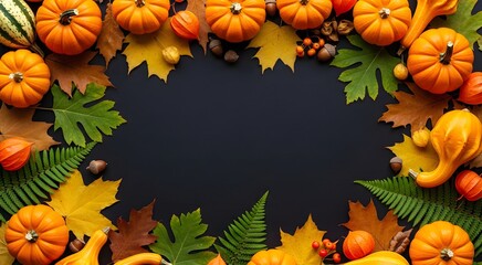 Frame of colorful  autumn leaves and pumpkins on black background. Banner template for Thanksgiving Day, autumn harvest decor for invitation or seasonal or halloween card with copy space.