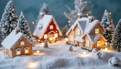 Snow-covered miniature houses with lights and Christmas trees  