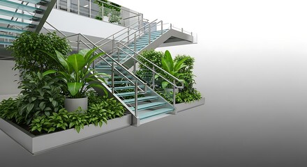 Modern architectural design featuring a staircase with glass steps and lush greenery, creating a contemporary aesthetic.