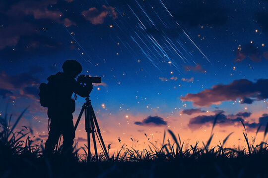 A silhouette of a photographer capturing the perfect star trail shot - Powered by Adobe