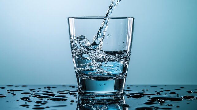 A clear glass is pouring water, creating a dynamic splash of blue liquid against a dark, reflective surface.