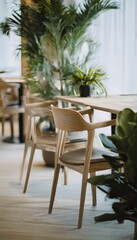 Obraz premium Serene modern dining room design featuring wooden chairs plants soft light creates a tranquil sophisticated atmosphere